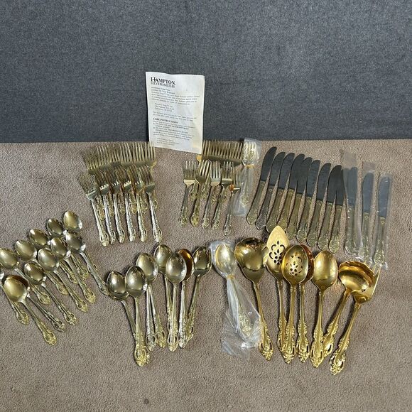 Hampton Forge Limited Silversmiths 24K GOLD PLATED67 Piece FLATWARE Set Serves - Picture 1 of 8
